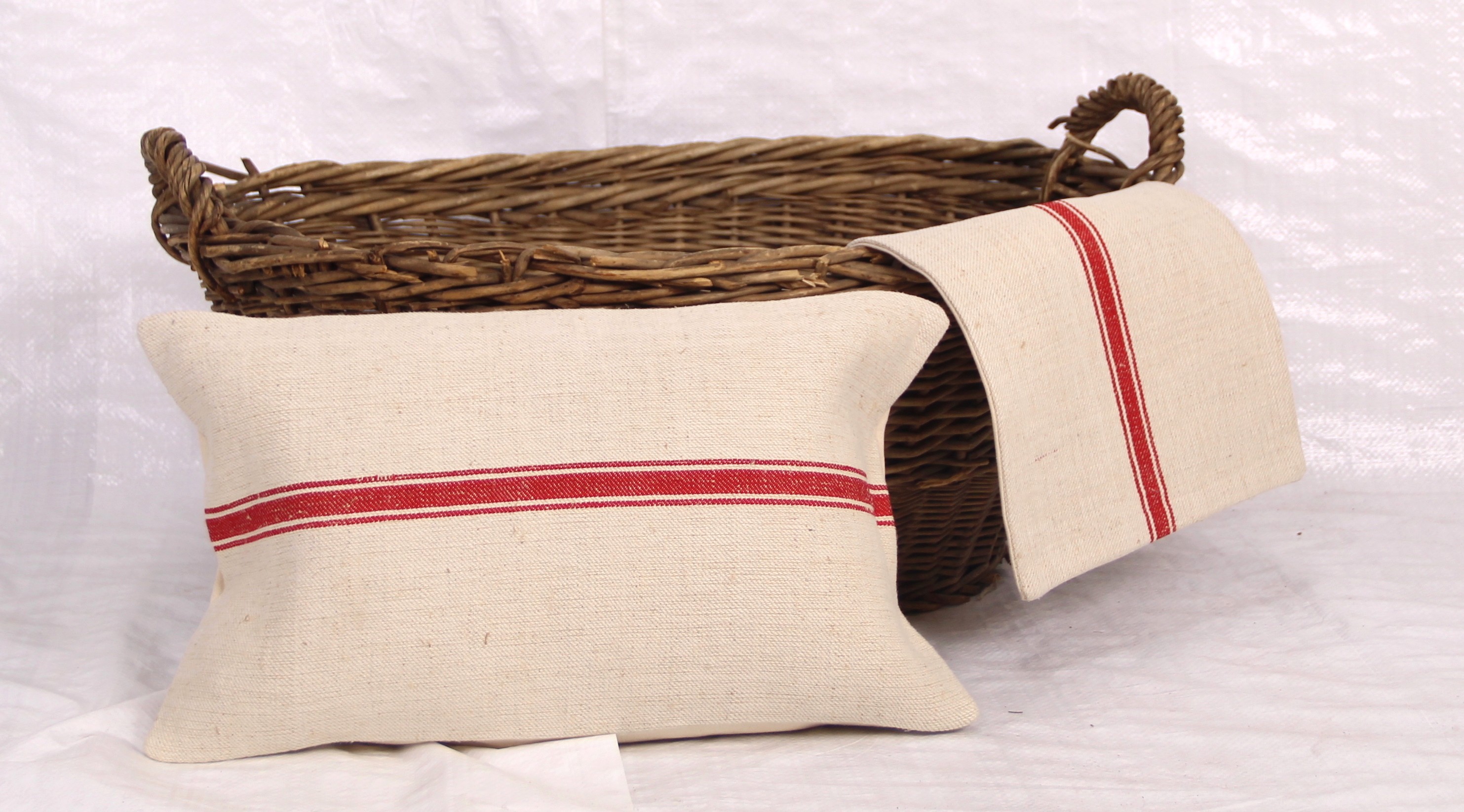 PL36 Vintage European Linen Pillow with Red Stripe