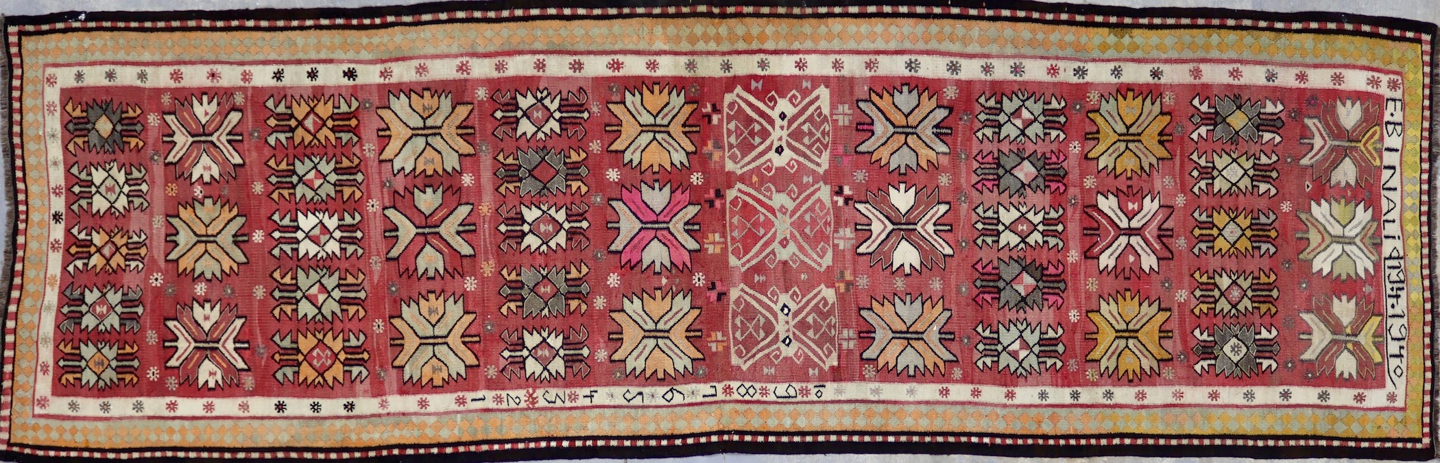 KR313 VINTAGE 1940s TURKISH BAYBURT KILIM RUNNER 4' X 12'