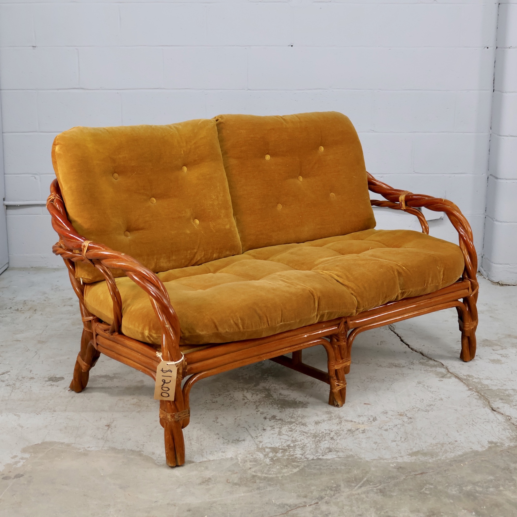 SOF51 TWISTED BAMBOO LOVESEAT WITH VELVET CUSHION
