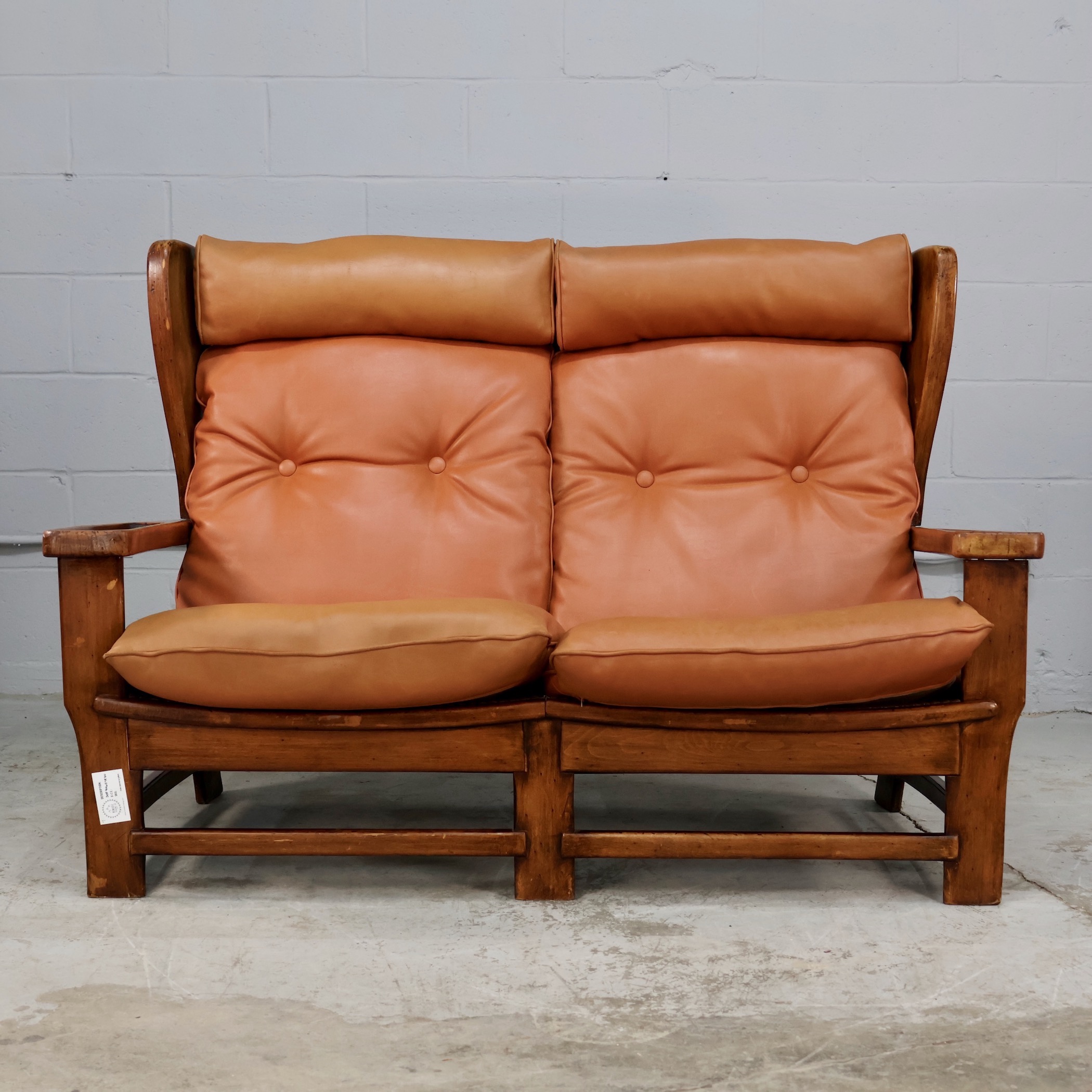 SOF75 PERCIVAL LAFER ATTRIBUTED LEATHER AND TEAK FRAME LOVESEAT