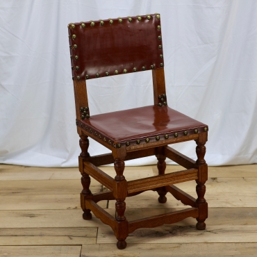 CHR045 ANTIQUE SPANISH LEATHER COVERED WOOD DINING CHAIR