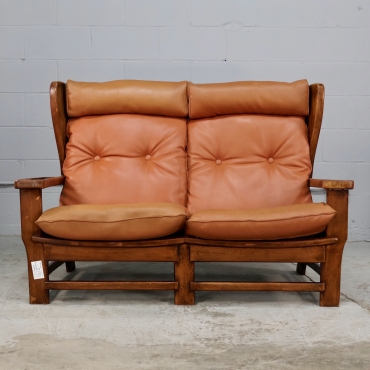 SOF75 ORANGE ITALIAN LEATHER AND WOOD FRAME LOVESEAT