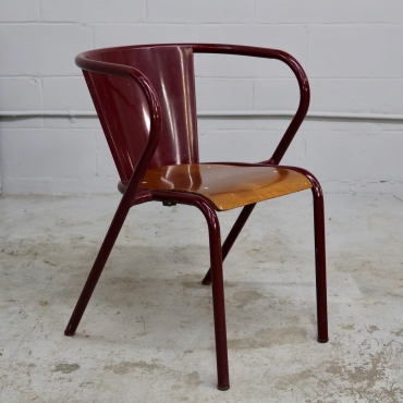 CHR687 MAROON MID-CENTURY METAL CAFE CHAIR WITH WOOD SEAT